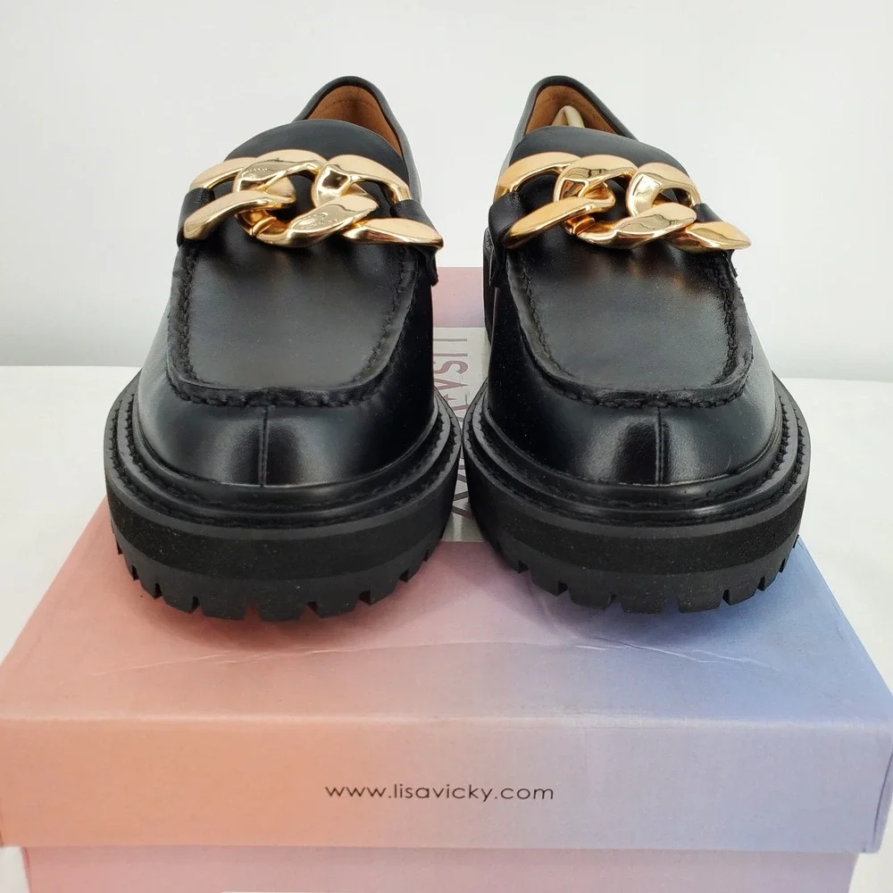Lisa Vicky Womens Size 6.5M Pep-V Chunky Moc Toe Loafer Black‎ Chunky Chain New